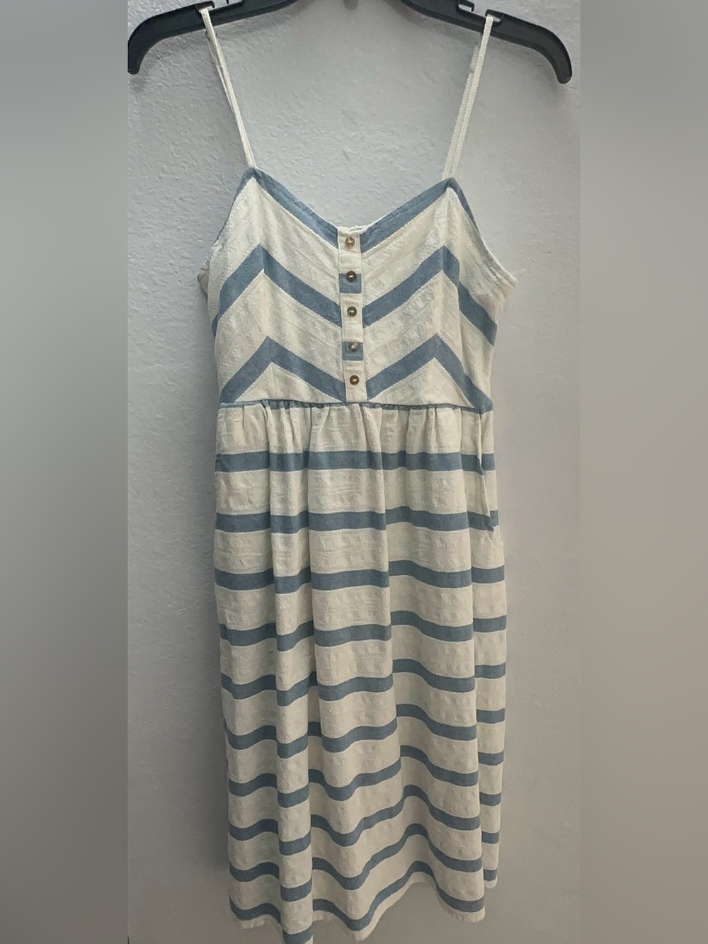lovestitch Cream and Blue Striped Midi Sundress with Button Front